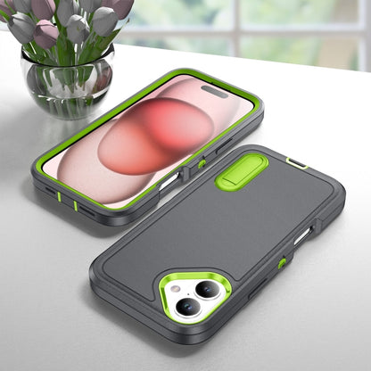 For iPhone 16 Plus Rugged PC + Silicone Phone Case with Holder(Grey+Fresh Green) - iPhone 16 Plus Cases by buy2fix | Online Shopping UK | buy2fix