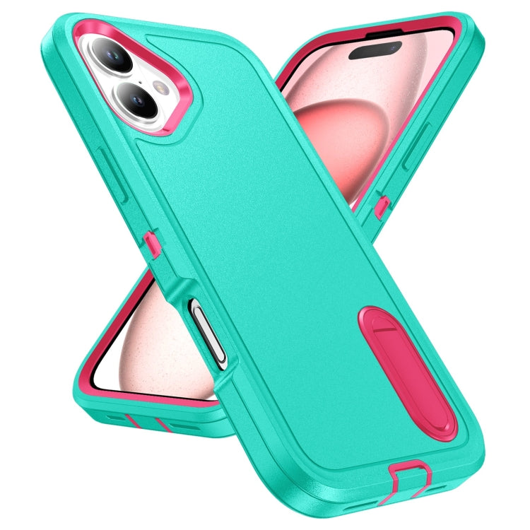 For iPhone 16 Plus Rugged PC + Silicone Phone Case with Holder(Light Green+Rose Red) - iPhone 16 Plus Cases by buy2fix | Online Shopping UK | buy2fix