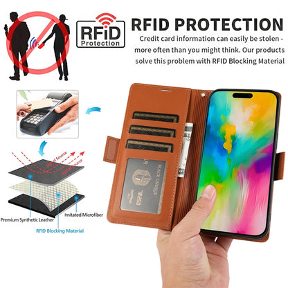 For iPhone 16 Pro Side Buckle RFID Anti-theft Leather Phone Case(Brown) - iPhone 16 Pro Cases by buy2fix | Online Shopping UK | buy2fix