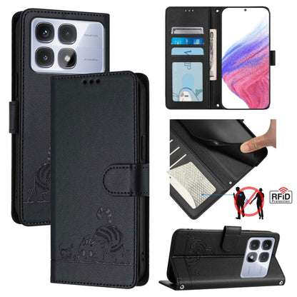 For Redmi K70 Ultra 5G Global Cat Rat Embossed Pattern RFID Leather Phone Case with Lanyard(Black) - Xiaomi Cases by buy2fix | Online Shopping UK | buy2fix