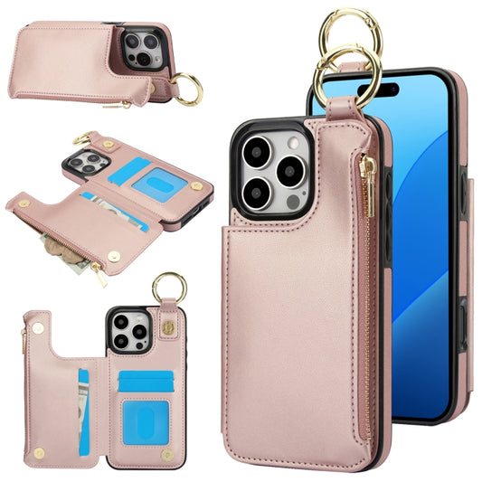 For iPhone 16 Pro RFlD Anti-theft Double Buckle Ring Zipper Card Phone Case(Rose Gold) - iPhone 16 Pro Cases by buy2fix | Online Shopping UK | buy2fix