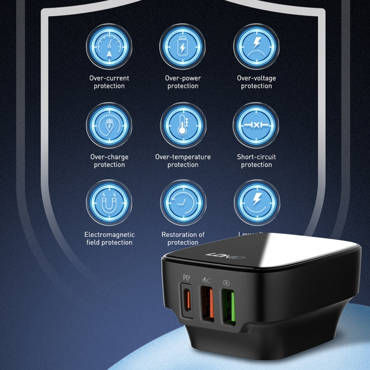 LDNIO Q334 32W Type-C + Dual USB Port Charger with 1m Micro USB Data Cable, Plug Type:EU Plug(Black) - USB Charger by LDNIO | Online Shopping UK | buy2fix