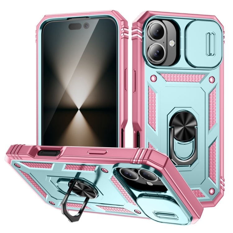 For iPhone 16 Plus Sliding Camshield TPU + PC Phone Case with Holder(Pink+Green) - iPhone 16 Plus Cases by buy2fix | Online Shopping UK | buy2fix