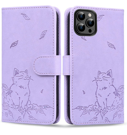 For iPhone 16 Pro Cute Cat Embossed Leather Phone Case(Purple) - iPhone 16 Pro Cases by buy2fix | Online Shopping UK | buy2fix