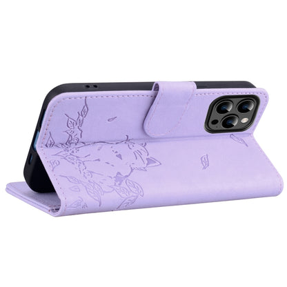 For iPhone 16 Pro Cute Cat Embossed Leather Phone Case(Purple) - iPhone 16 Pro Cases by buy2fix | Online Shopping UK | buy2fix