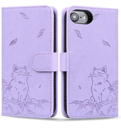 For iPhone SE 2024 Cute Cat Embossed Leather Phone Case(Purple) - More iPhone Cases by buy2fix | Online Shopping UK | buy2fix