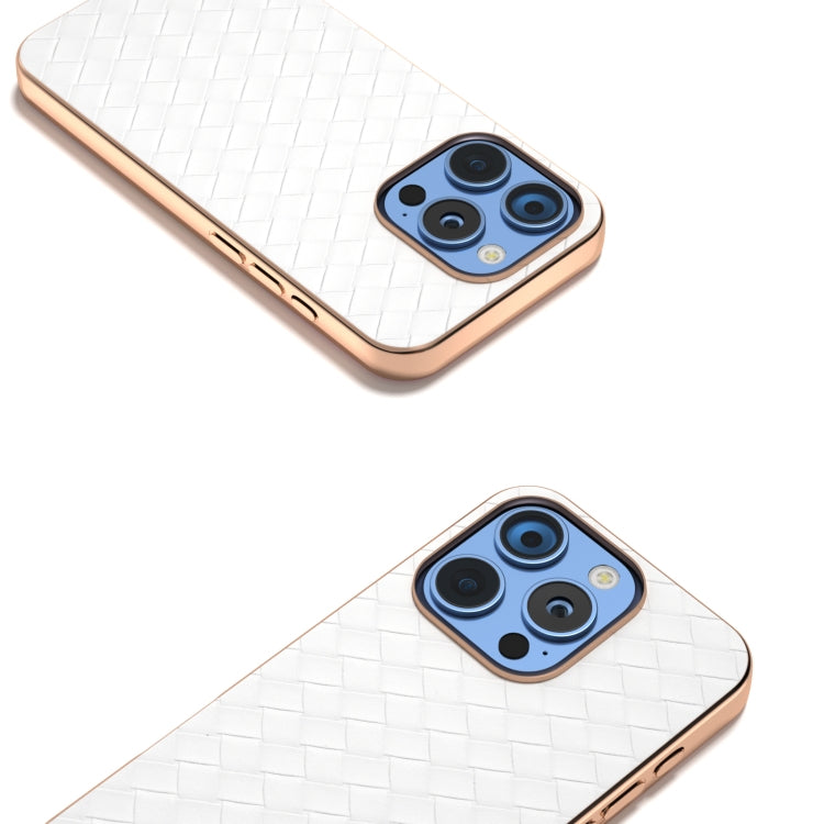 For iPhone 16 Pro Max Electroplated Frame Woven Texture PU Phone Case(White) - iPhone 16 Pro Max Cases by buy2fix | Online Shopping UK | buy2fix