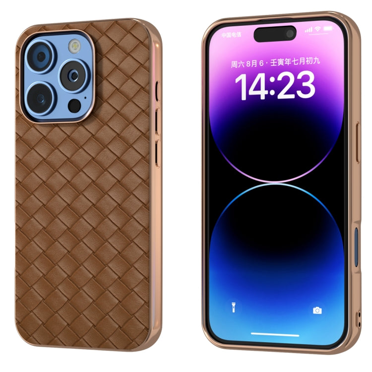 For iPhone 16 Pro Max Electroplated Frame Woven Texture PU Phone Case(Brown) - iPhone 16 Pro Max Cases by buy2fix | Online Shopping UK | buy2fix