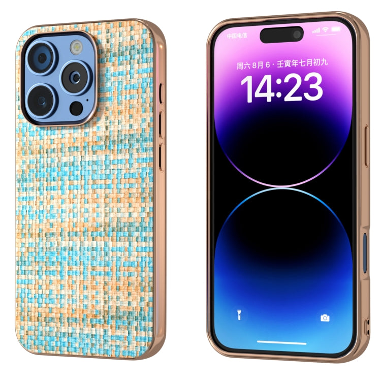 For iPhone 16 Pro Electroplated Frame Color Lattice Texture PU Phone Case(Blue) - iPhone 16 Pro Cases by buy2fix | Online Shopping UK | buy2fix