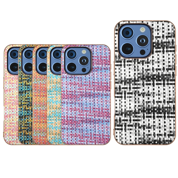 For iPhone 16 Pro Max Electroplated Frame Color Lattice Texture PU Phone Case(Pink) - iPhone 16 Pro Max Cases by buy2fix | Online Shopping UK | buy2fix