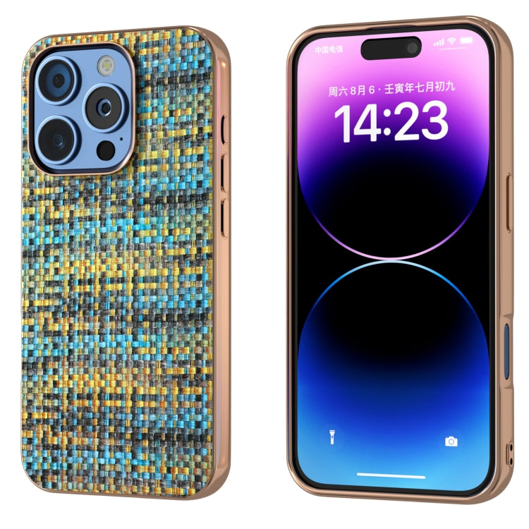 For iPhone 16 Pro Max Electroplated Frame Color Lattice Texture PU Phone Case(Gold) - iPhone 16 Pro Max Cases by buy2fix | Online Shopping UK | buy2fix