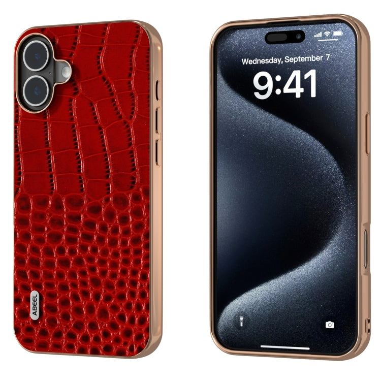 For iPhone 16 ABEEL Electroplated Frame Genuine Leather Crocodile Pattern Phone Case(Red) - iPhone 16 Cases by buy2fix | Online Shopping UK | buy2fix