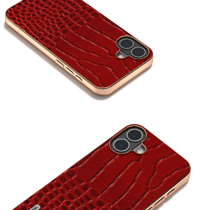 For iPhone 16 ABEEL Electroplated Frame Genuine Leather Crocodile Pattern Phone Case(Red) - iPhone 16 Cases by buy2fix | Online Shopping UK | buy2fix