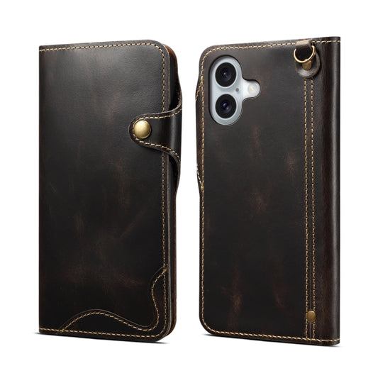 For iPhone 16 Plus Denior B01 Oil Wax Cowhide Magnetic Button Genuine Leather Case(Black) - iPhone 16 Plus Cases by Denior | Online Shopping UK | buy2fix