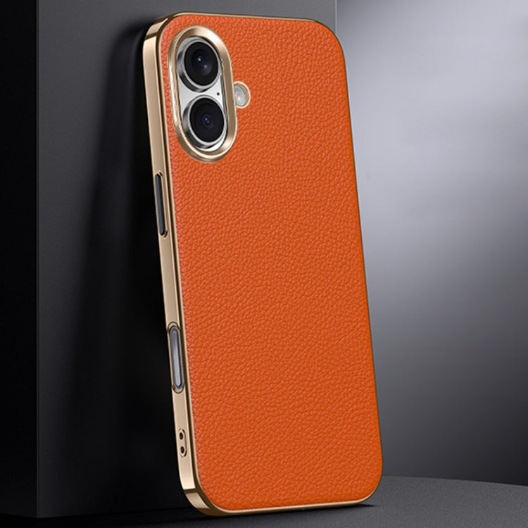 For iPhone 16 First Layer Cowhide Leather Electroplated PC Phone Case(Orange) - iPhone 16 Cases by buy2fix | Online Shopping UK | buy2fix