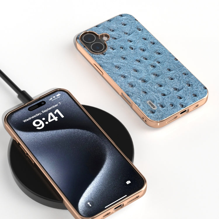 For iPhone 16 Plus ABEEL Electroplating Frame Genuine Leather Ostrich Texture Phone Case(Dark Blue) - iPhone 16 Plus Cases by buy2fix | Online Shopping UK | buy2fix