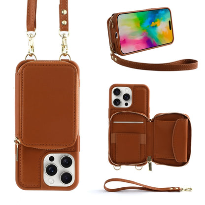 For iPhone 16 Pro Crossbody Zipper Wallet Bag Leather Phone Case with Lanyard(Brown) - iPhone 16 Pro Cases by buy2fix | Online Shopping UK | buy2fix