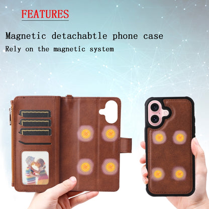 For iPhone 16 Solid Color 2 in 1 Zipper Shockproof Phone Case(Brown) - iPhone 16 Cases by buy2fix | Online Shopping UK | buy2fix