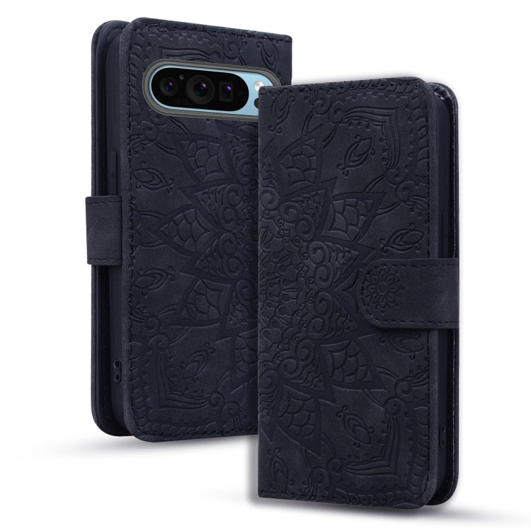 For Google Pixel 9 Pro XL Mandala Embossed Dual-Fold Calf Leather Phone Case(Black) - Google Cases by buy2fix | Online Shopping UK | buy2fix