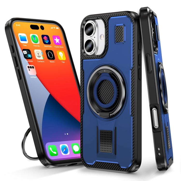 For iPhone 16 Plus Ring Holder Carbon Fiber PC Hybrid TPU Phone Case(Blue) - iPhone 16 Plus Cases by buy2fix | Online Shopping UK | buy2fix