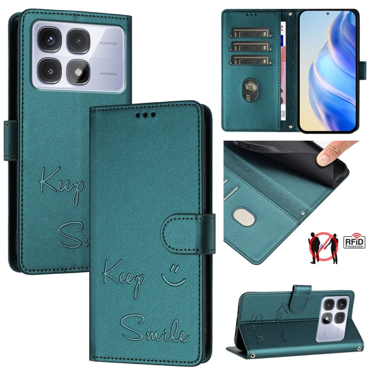 For Redmi K70 Ultra 5G Global Smile Embossing RFID Leather Phone Case(Peacock Green) - Xiaomi Cases by buy2fix | Online Shopping UK | buy2fix