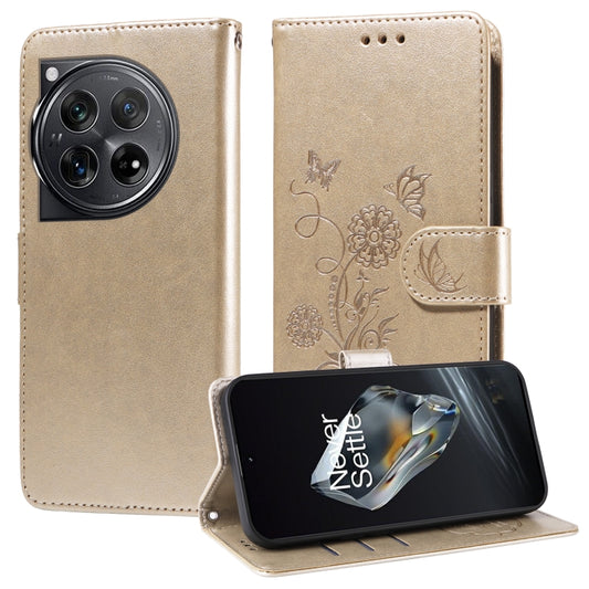 For OnePlus 12 Embossed Butterfly Flowers Leather Phone Case(Gold) - OnePlus Cases by buy2fix | Online Shopping UK | buy2fix