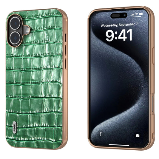 For iPhone 16 ABEEL Electroplating Frame Crocodile Texture Genuine Leather Phone Case(Green) - iPhone 16 Cases by buy2fix | Online Shopping UK | buy2fix