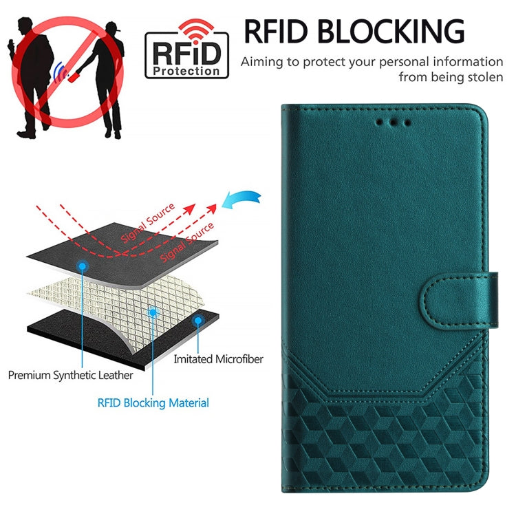 For iPhone 16 Plus Honeycomb Embossing RFID Leather Phone Case(Peacock Green) - iPhone 16 Plus Cases by buy2fix | Online Shopping UK | buy2fix