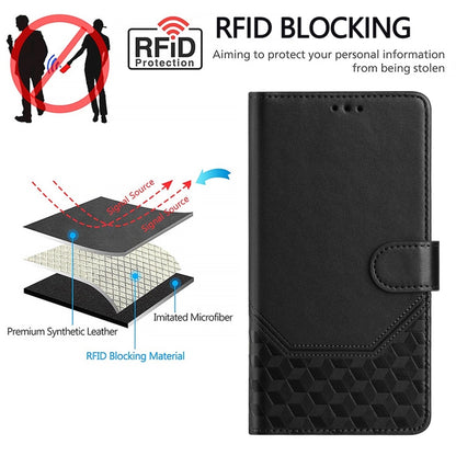 For iPhone 16 Honeycomb Embossing RFID Leather Phone Case(Black) - iPhone 16 Cases by buy2fix | Online Shopping UK | buy2fix