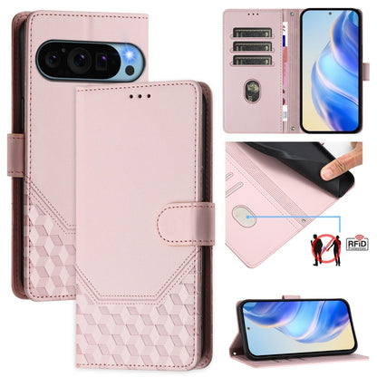 For Google Pixel 9 / 9 Pro Honeycomb Embossing RFID Leather Phone Case(Pink) - Google Cases by buy2fix | Online Shopping UK | buy2fix