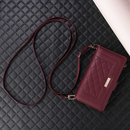 For iPhone 16 Pro Crossbody Zipper Wallet Rhombus Leather Phone Case(Wine Red) - iPhone 16 Pro Cases by buy2fix | Online Shopping UK | buy2fix