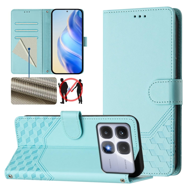 For Redmi K70 Ultra 5G Honeycomb Embossing RFID Leather Phone Case(Mint Green) - Xiaomi Cases by buy2fix | Online Shopping UK | buy2fix