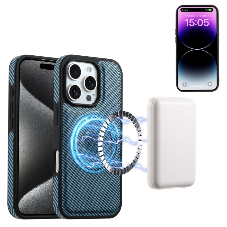 For iPhone 16 Pro Max Denior Carbon Fiber Texture Leather Card Bag MagSafe Phone Case(Blue) - iPhone 16 Pro Max Cases by Denior | Online Shopping UK | buy2fix