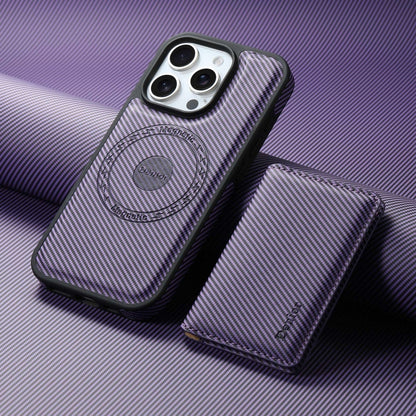 For iPhone 16 Pro Max Denior Carbon Fiber Texture Leather Card Bag MagSafe Phone Case(Purple) - iPhone 16 Pro Max Cases by Denior | Online Shopping UK | buy2fix