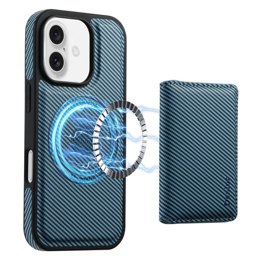 For iPhone 16 Plus Denior Carbon Fiber Texture Leather Card Bag MagSafe Phone Case(Blue) - iPhone 16 Plus Cases by Denior | Online Shopping UK | buy2fix