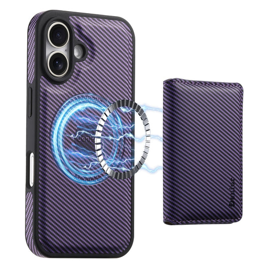 For iPhone 16 Plus Denior Carbon Fiber Texture Leather Card Bag MagSafe Phone Case(Purple) - iPhone 16 Plus Cases by Denior | Online Shopping UK | buy2fix