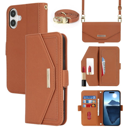 For iPhone 16 Plus Cross Texture Crossbody Lanyard Leather Phone Case(Brown) - iPhone 16 Plus Cases by buy2fix | Online Shopping UK | buy2fix