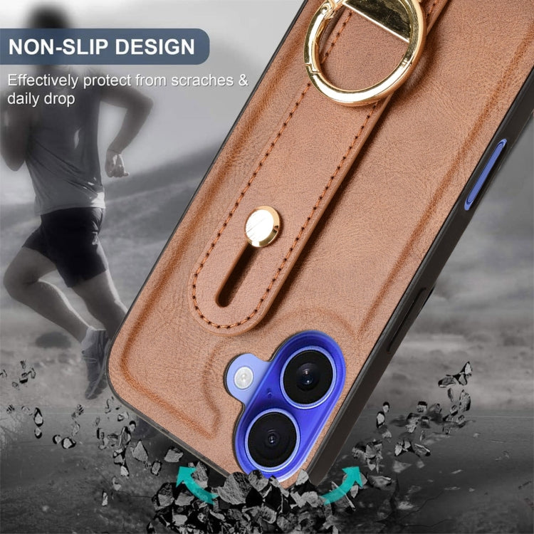 For iPhone 16 Plus Wristband Leather Back Phone Case(Brown) - iPhone 16 Plus Cases by buy2fix | Online Shopping UK | buy2fix