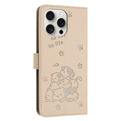 For iPhone 16 Pro Max Embossed Kitten Phone Leather Case with Lanyard(Beige) - iPhone 16 Pro Max Cases by buy2fix | Online Shopping UK | buy2fix