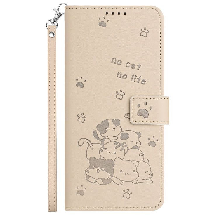 For iPhone 16 Pro Embossed Kitten Phone Leather Case with Lanyard(Beige) - iPhone 16 Pro Cases by buy2fix | Online Shopping UK | buy2fix