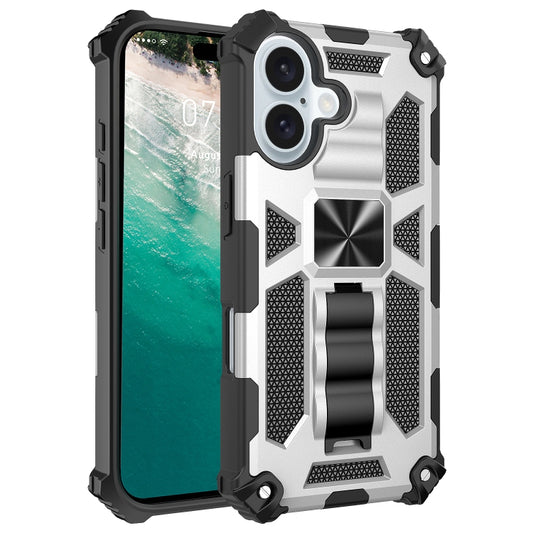 For iPhone 16 Plus Armor Shockproof TPU Hybrid PC Magnetic Phone Case with Holder(Silver) - iPhone 16 Plus Cases by buy2fix | Online Shopping UK | buy2fix