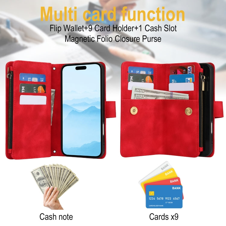 For iPhone 16 Plus Dream 9-Card Zipper Wallet RFID Leather Phone Case with Lanyard(Red) - iPhone 16 Plus Cases by buy2fix | Online Shopping UK | buy2fix