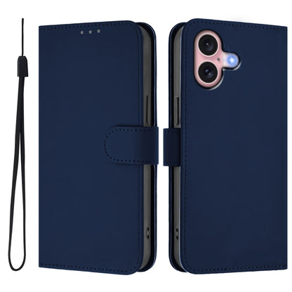 For iPhone 16 Skin Feel Solid Color Leather Phone Case with Lanyard(Navy Blue) - iPhone 16 Cases by buy2fix | Online Shopping UK | buy2fix