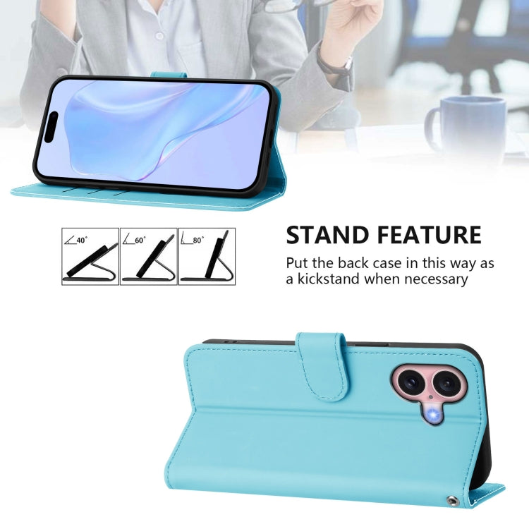 For iPhone 16 Skin Feel Solid Color Leather Phone Case with Lanyard(Sky Blue) - iPhone 16 Cases by buy2fix | Online Shopping UK | buy2fix