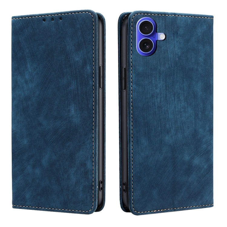 For iPhone 16 Plus RFID Anti-theft Brush Magnetic Leather Phone Case(Blue) - iPhone 16 Plus Cases by buy2fix | Online Shopping UK | buy2fix