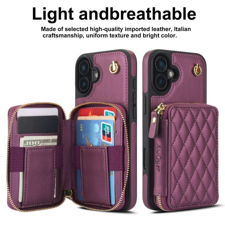 For iPhone 16 Plus AwQuer Crossbody Zipper Wallet Rhombic Leather Back Phone Case(Dark Purple) - iPhone 16 Plus Cases by Awquer | Online Shopping UK | buy2fix