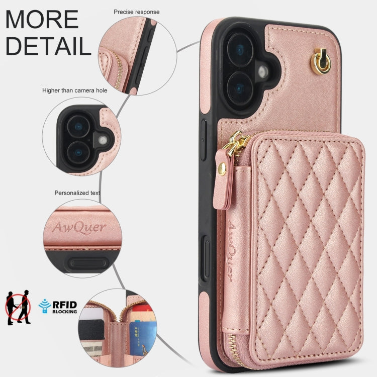 For iPhone 16 AwQuer Crossbody Zipper Wallet Rhombic Leather Back Phone Case(Rose Gold) - iPhone 16 Cases by Awquer | Online Shopping UK | buy2fix