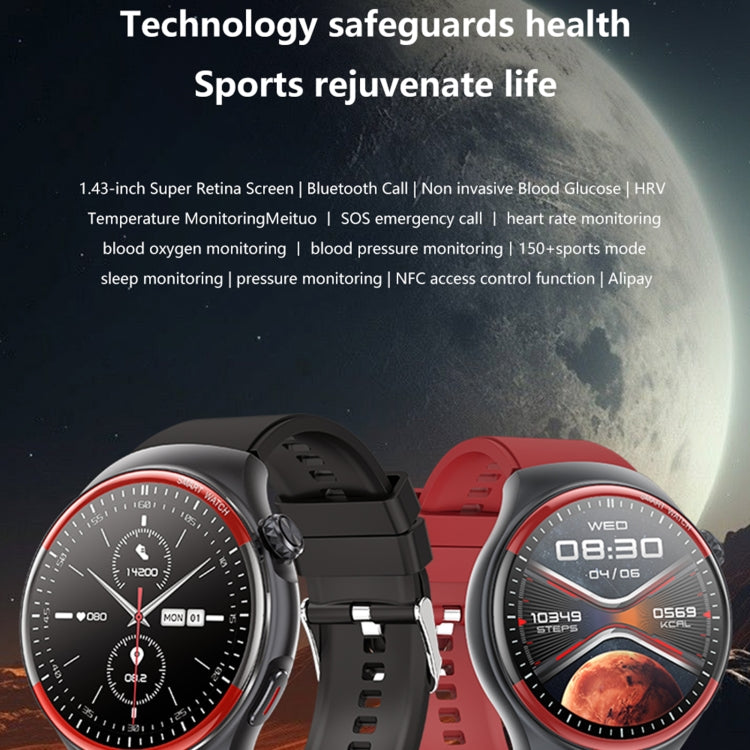 T82 1.43 inch Round Screen BT Call Smart Watch, Heart Rate / Blood Pressure / Blood Oxygen / Sleep / Blood Sugar / HRV / Metope / SOS, Strap:Silicone Blue - Smart Wristbands by buy2fix | Online Shopping UK | buy2fix