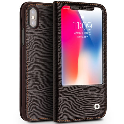 For iPhone X / XS QIALINO Lizard Texture Horizontal Flip Leather Case with Smart View Window & Sleep / Wake-up Function(Brown) - More iPhone Cases by QIALINO | Online Shopping UK | buy2fix