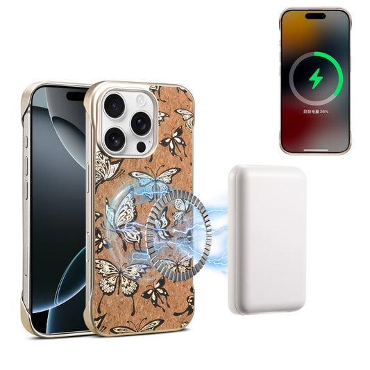 For iPhone 16 Pro Denior A18 WoodenPaint MagSafe Phone Case(Butterflies) - iPhone 16 Pro Cases by Denior | Online Shopping UK | buy2fix